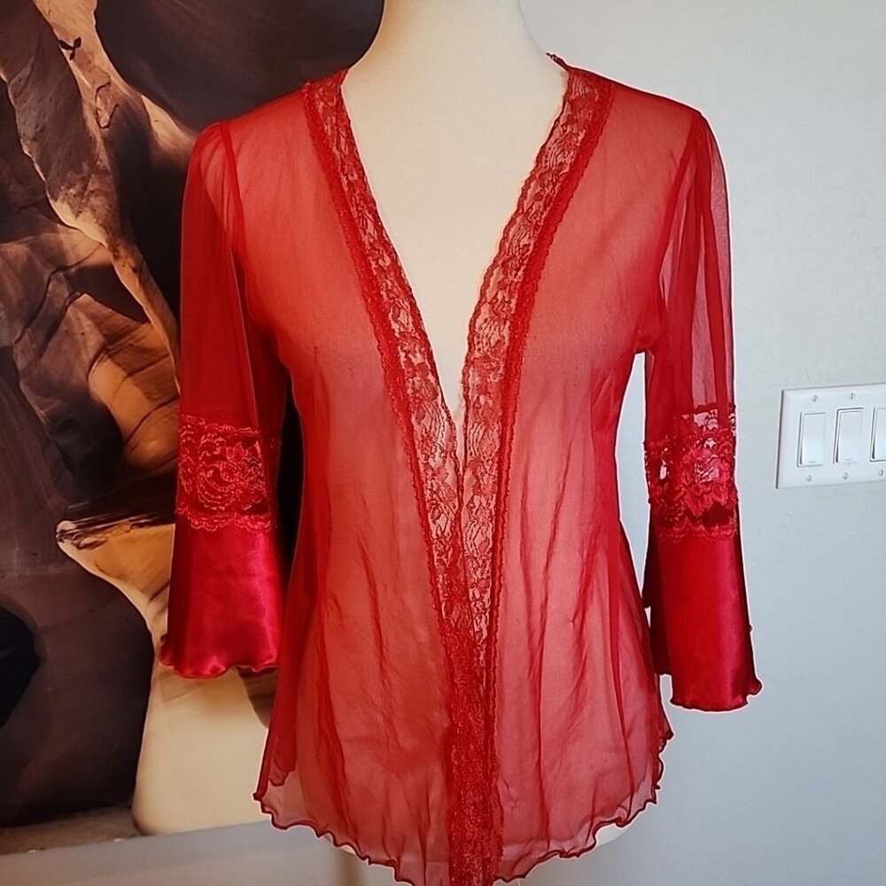 Vintage Intimo Amore Bed Jacket Red Sheer One Size Lingerie Bell Sleeve